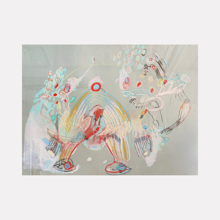 The artwork 'Sundaes' by Amy Decker features a whimsical abstract composition in soft pastels on paper. Light teal and coral tones dance across the surface, creating ethereal organic shapes. Delicate lines and circular forms float through the composition, with touches of yellow and turquoise adding dynamic energy. The dreamy, gestural style evokes a sense of movement and lightness - by Amy Decker.