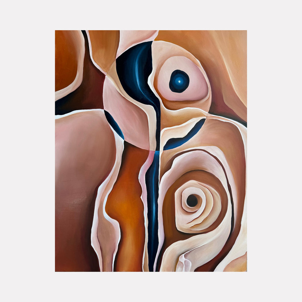 The artwork 'Sand Skirt' features abstract organic shapes in warm earth tones, with flowing curves and spiral formations. Deep navy blue accents contrast against soft peach and terracotta hues, creating a dynamic composition with layered, undulating forms. Oil painting on panel board showcases smooth textural transitions and bold geometric elements. By Meam Hartshorn.