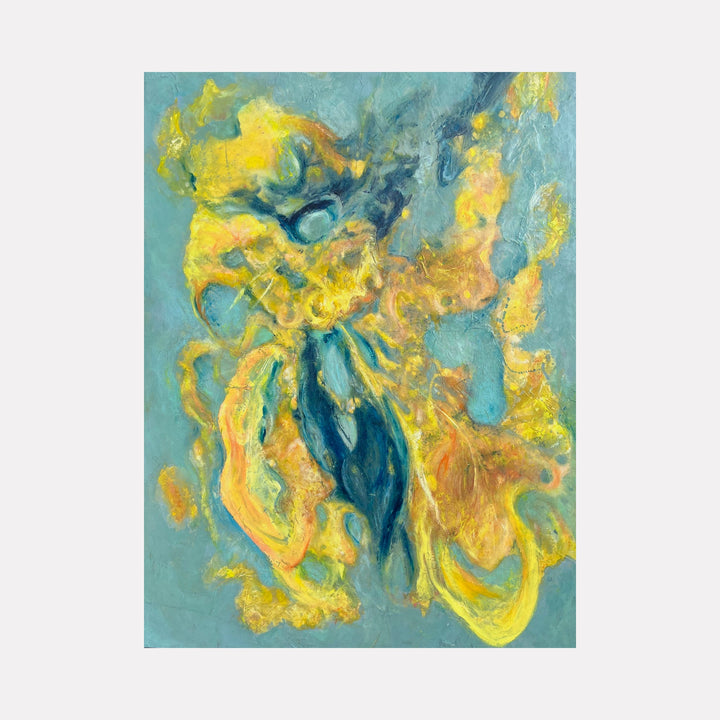 The artwork 'Sanguine Florescence' by Cynthia Sumner features vibrant abstract swirls of golden yellow and deep turquoise, creating a fluid, dynamic composition. The mixed media painting showcases organic flowing forms reminiscent of underwater movement, with luminous highlights and rich aqua tones merging in a 24x18 inch canvas. Artist: Cynthia Sumner