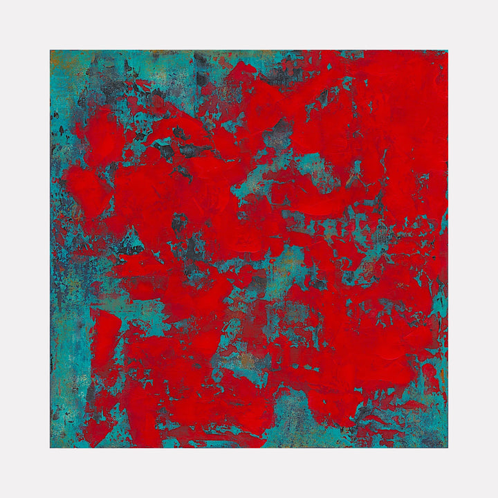 The artwork 'Scarlet Reef' by Nicole Hitchcock features a vibrant abstract composition with bold scarlet red shapes contrasting against turquoise blue background. The acrylic painting showcases textural elements with a weathered, organic pattern reminiscent of coral formations. The 24x24 inch canvas displays a dynamic interplay of colors with a contemporary, abstract expressionist style.