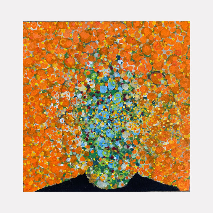 The artwork 'Scattered' by Matthew Cramer features vibrant orange circular patterns radiating outward from a central burst of turquoise and green dots. The abstract composition creates a dynamic explosion effect with layered dots in contrasting cool and warm tones on a 12x12 oil canvas, showcasing a pointillist technique with organic circular forms.