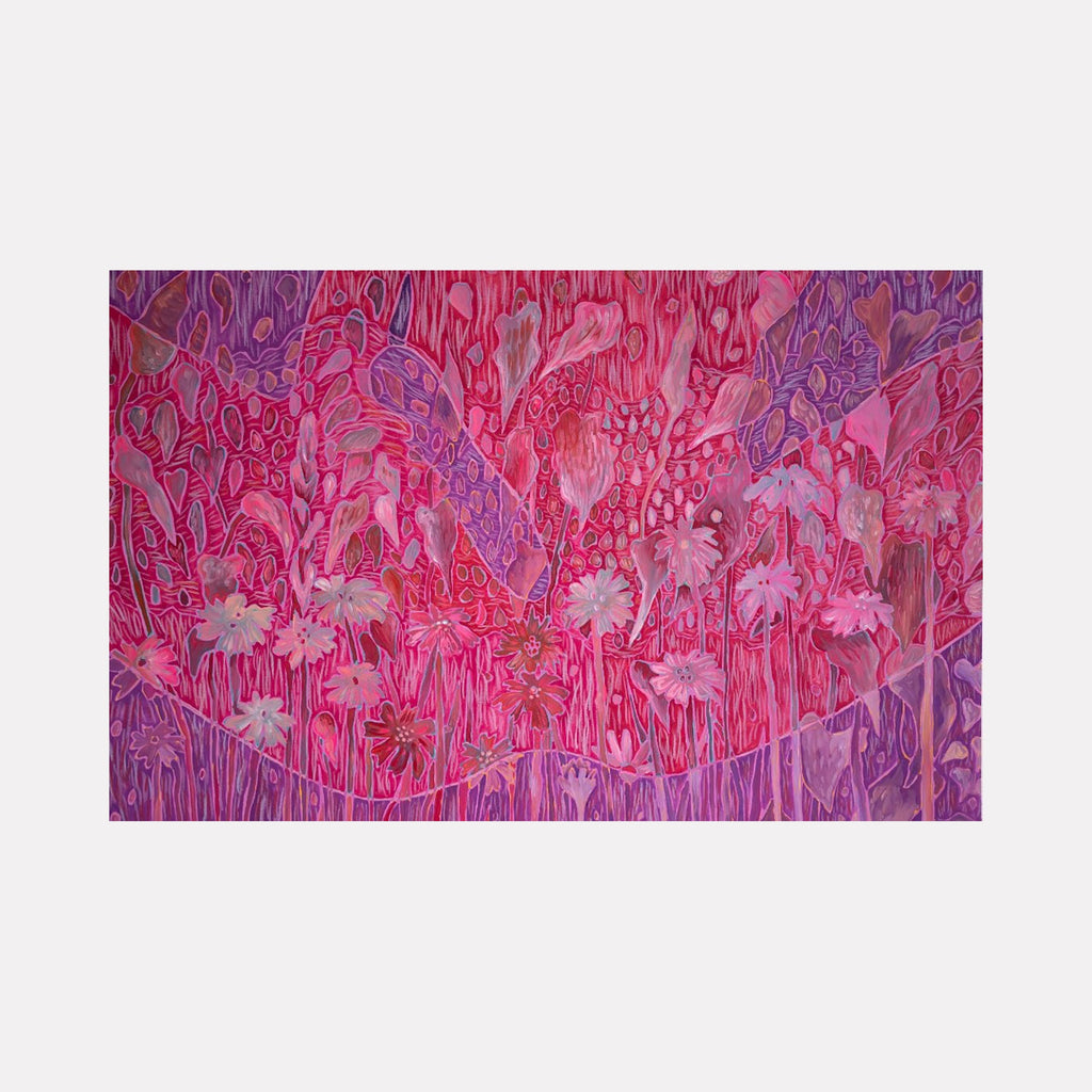 The artwork 'Currently Untitled (Self Love 2)' features intricate floral patterns in vibrant pink and purple hues, with delicate line work creating flowing, organic forms. Abstract botanical elements cascade across the composition, rendered in pen, gouache, and crayon, creating a dreamlike garden landscape. Artwork by Laurie Shapiro.