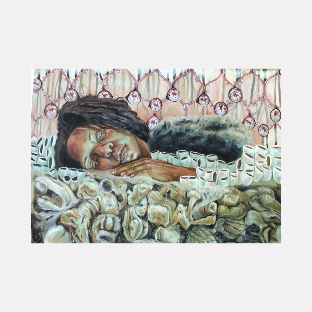 The artwork 'Serenity' features a reclining figure amidst a bed of oyster shells painted in muted beige and gray tones. Abstract clock-like circles in pink and red dangle from above, while ethereal mint-green patterns create a dreamlike atmosphere. Mixed media artwork showcasing textural brushwork and surreal elements by Crystal Marshall.