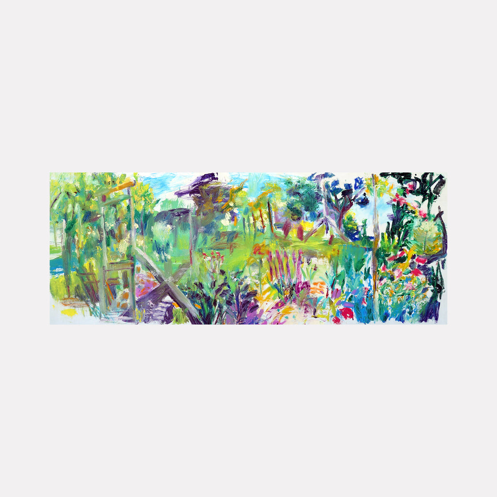 The artwork '624 (Setauket garden)' features a vibrant panoramic landscape rendered in expressive brushstrokes, showcasing a lush garden scene with bursts of yellows, purples, and greens. The oil on linen painting captures wildflowers and foliage in an abstract impressionistic style, creating a dynamic composition full of movement and natural energy by Maureen Shea.