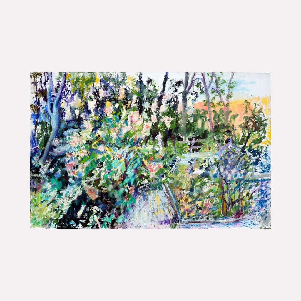 The artwork '919' by Maureen Shea features a vibrant impressionistic landscape with lush foliage rendered in expressive brushstrokes. Blue-tinted trees frame the scene, while patches of emerald green vegetation blend with soft pastels and yellow highlights. The oil painting captures a natural wilderness setting with dynamic movement and ethereal quality on a 40x60 inch canvas.