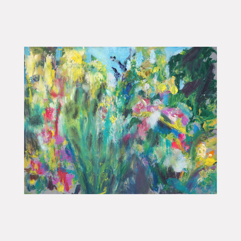 The artwork 'Daisy Horizon' by Maureen Shea features vibrant impressionistic brushstrokes depicting a garden scene with emerald green stems and multicolored blooms in pink, yellow, and turquoise. Abstract floral forms emerge from textured oil paint on wood panel, creating a dynamic composition that captures the essence of wildflowers in motion.