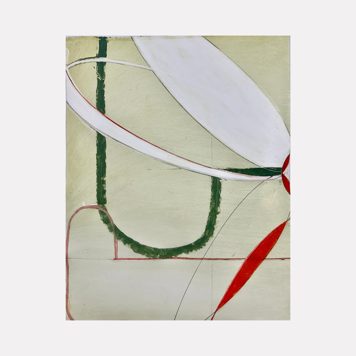 Spring Fling no. 12 by Janice La Motta features abstract geometric forms with sweeping white curves intersecting bold red accents and deep green linear elements against a pale cream background. Oil stick on Yupo creates a distinctive texture with clean, precise lines and minimal color palette. By Janice La Motta.