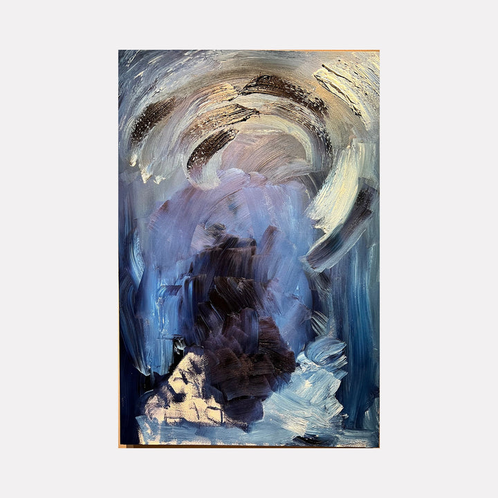 The artwork 'Storm' depicts a dramatic abstract composition with swirling brushstrokes in deep blues and smoky grays, creating a dynamic vortex effect. Powerful gestural marks suggest turbulent weather, with lighter cream and white accents adding luminosity to the dark atmospheric scene. Oil painting on board by Genevieve Antonello.