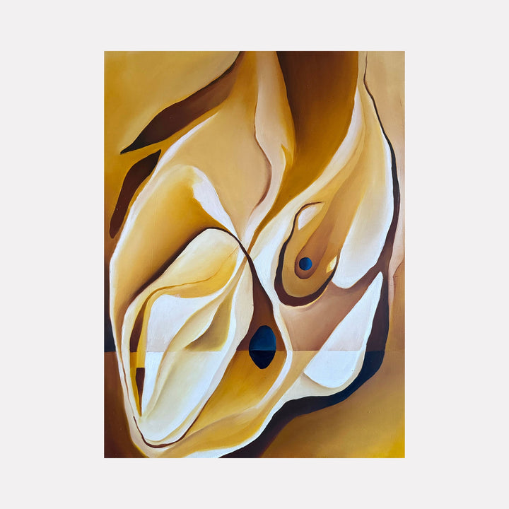 The artwork 'Sun Drop' by Meam Hartshorn features abstract flowing forms in warm golden tones, with smooth curving lines creating organic shapes reminiscent of liquid movement. Bold contrasts between light cream and deep brown hues, accented by two small blue oval elements, create a dynamic composition on oil panel. The fluid abstract design suggests natural forms in motion.