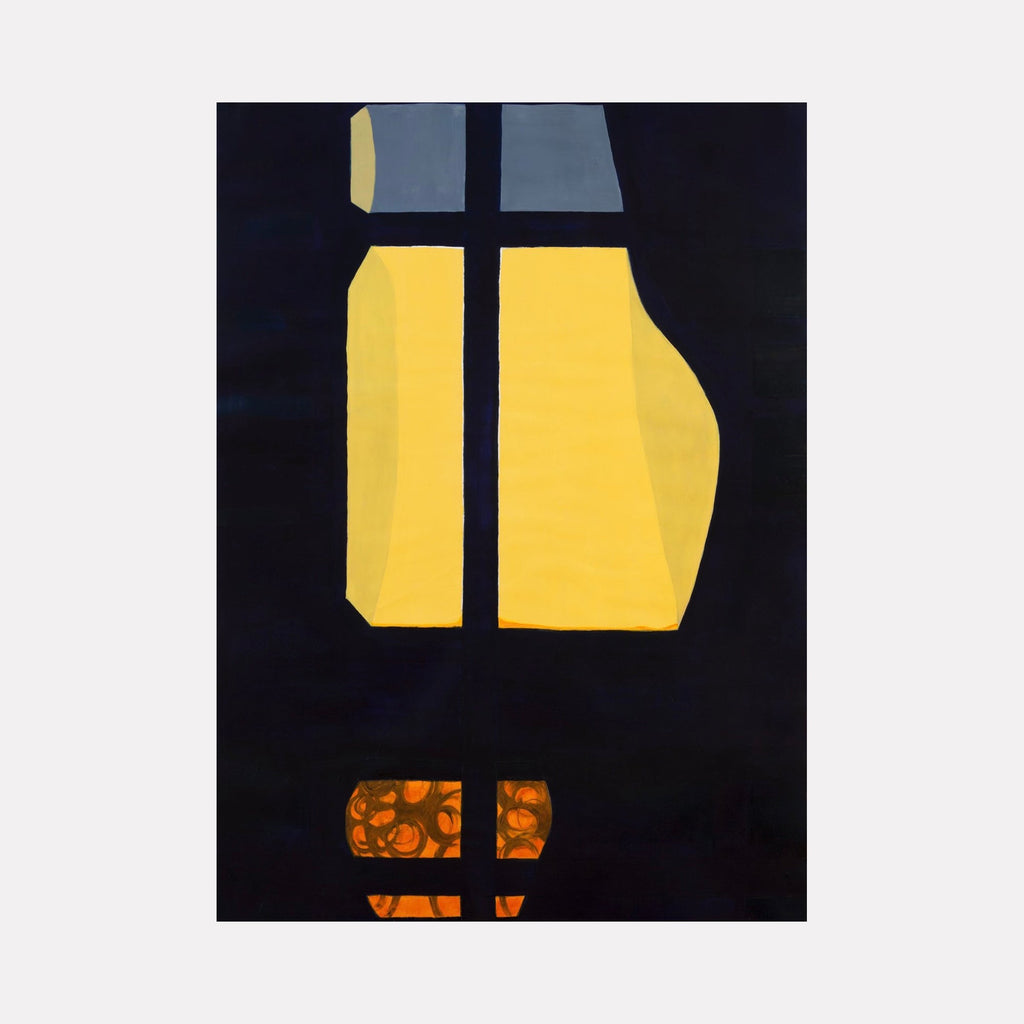 The artwork 'Sunrise in the West 13' by Cora Jane Glasser features bold geometric shapes in vibrant yellow and orange against a deep navy background. Abstract window-like divisions create a striking compositional balance, with a luminous yellow rectangular form dominating the upper portion and a patterned orange segment below, suggesting architectural elements or urban landscapes.