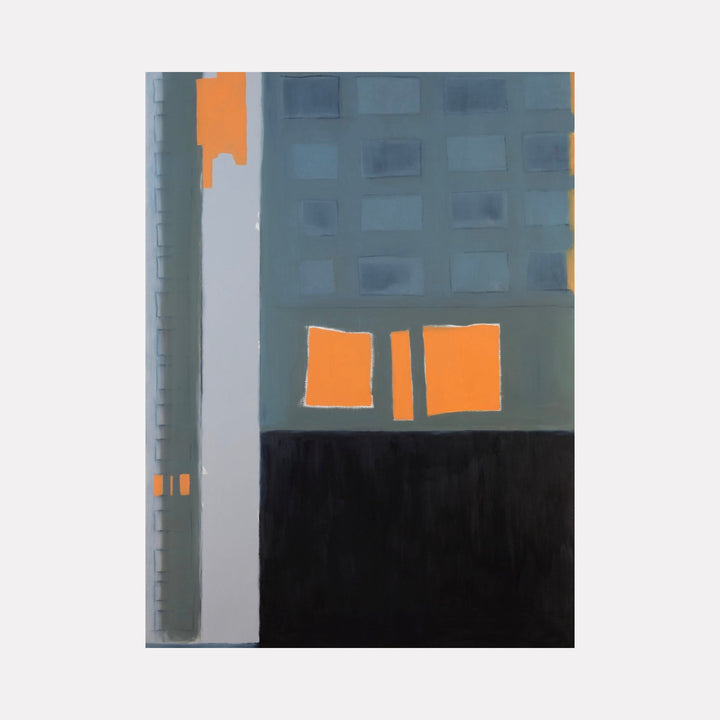 The artwork 'Sunrise in the West 19' by Cora Jane Glasser features bold geometric abstraction with vibrant orange rectangular shapes contrasting against deep charcoal and slate grey backgrounds. The composition suggests an urban landscape through minimalist blocks and linear elements, painted in oil on Arches paper with precise brushwork and clean edges.