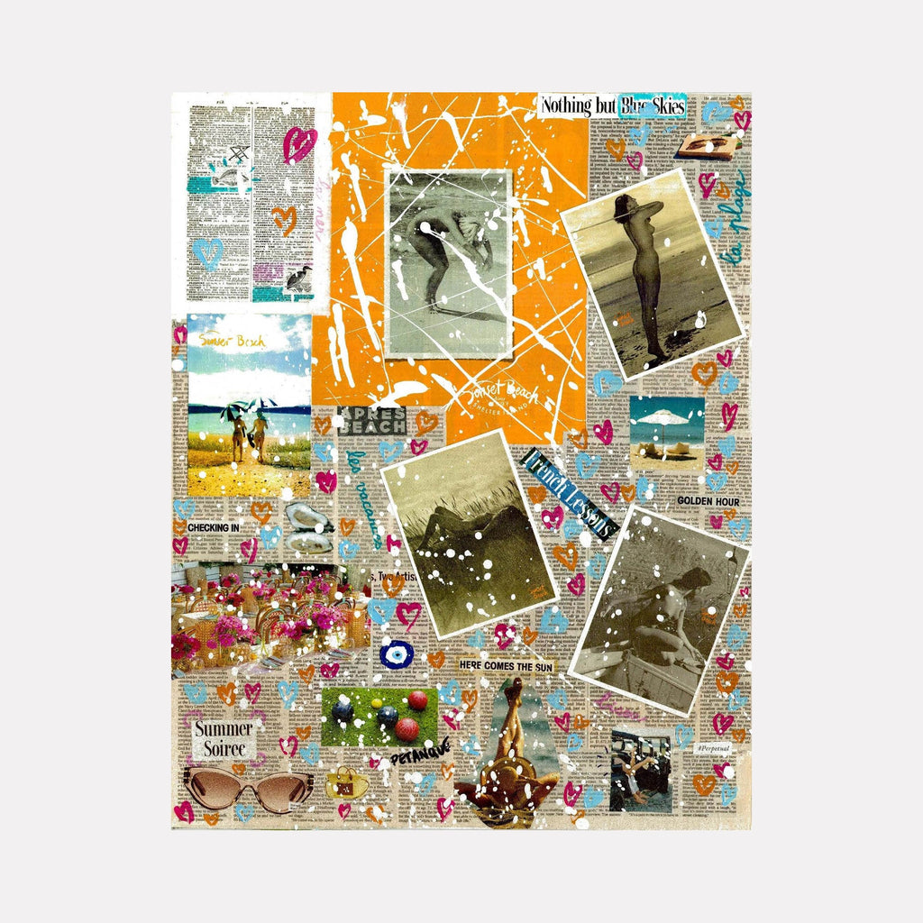 The artwork 'Sunset Love' by Jean-Remi Barbier features a vibrant collage design combining vintage photographs, newspaper clippings, and colorful elements. Central orange geometric patterns contrast with black and white vintage beach photographs. Pink heart illustrations scatter across newsprint background, creating a nostalgic summer theme. Print measures 25.75 x 20.5 inches by Jean-Remi Barbier.