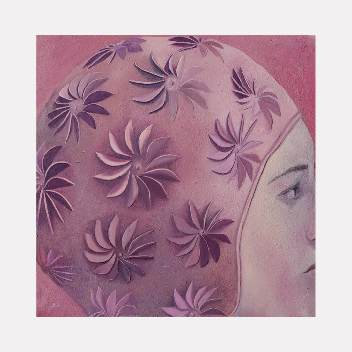 The artwork 'Swimming cap 2' depicts a pink swimming cap adorned with spiral floral patterns in deeper mauve tones. The oil painting showcases delicate swirling motifs against a rose-colored background, creating a textured, feminine design with dimensional floral elements. Created with meticulous detail and soft color transitions by Anastasia Korsakova.