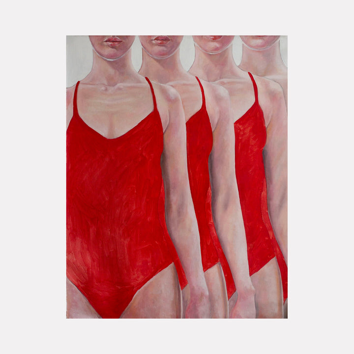 The artwork 'Swimming competition 2' depicts four figures in vibrant red swimsuits arranged in a row, painted in an elegant minimalist style. The oil painting showcases graceful forms against a soft gray background, with careful attention to light and shadow. The composition creates a rhythmic pattern of red against pale tones by Anastasia Korsakova.