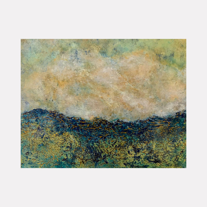 The artwork 'Tempered Storm' by Cynthia Sumner features an abstract landscape with textured waves of deep navy blue and golden yellow creating a dramatic horizon. Above, swirling clouds in muted beige and seafoam green suggest an approaching storm. Mixed media techniques create a rich, impasto-like surface, merging contemporary abstraction with atmospheric landscape.