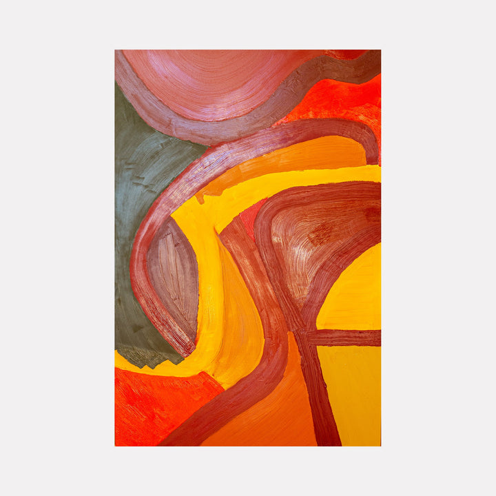 The artwork 'The Observer Effect' by Genevieve Antonello features bold curved forms in vibrant orange, red, and deep brown tones against a sage green background. Abstract swirling brushstrokes create dynamic movement across the oil painting, with thick textural applications revealing the artist's gestural technique on board.