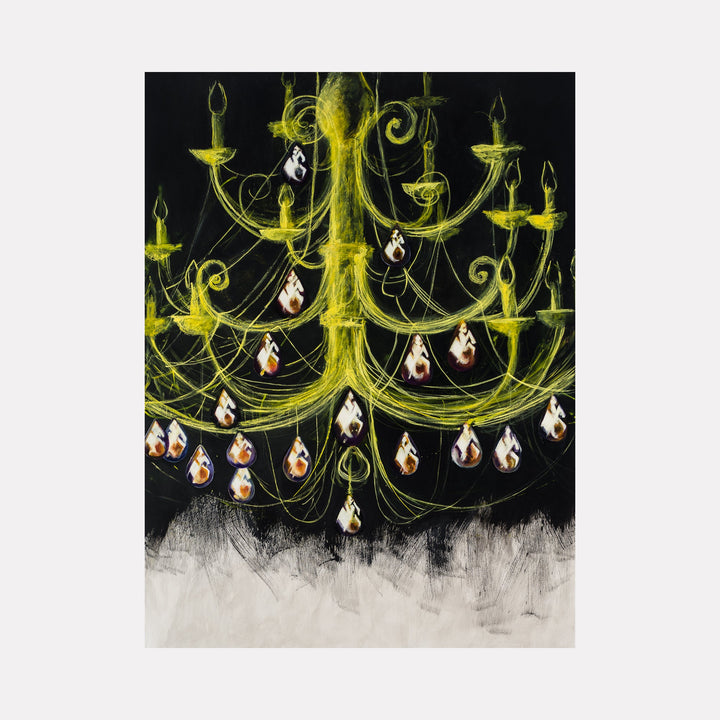 The artwork 'The Yellow Chandelier' by Sandra Mack-Valencia features a luminous chartreuse chandelier against a stark black background, adorned with delicate swirling arms and ornate curls. Multiple teardrop-shaped ornaments in white and orange dangle from its elegant frame, while textured gray brushstrokes create a misty foundation. Mixed media on wood panel showcases both bold and ethereal elements.