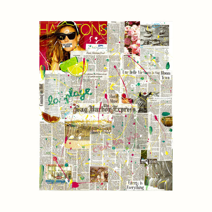 The artwork 'The Hamptoner #12' by Jean-Remi Barbier features a vibrant mixed media collage on newspaper background, combining vintage newsprint with splashes of neon colors, magazine cutouts, and hand-painted accents. A sunglasses-wearing figure appears in the top corner, while scattered text snippets, bright lime green elements, and abstract shapes create a dynamic urban pop art composition.