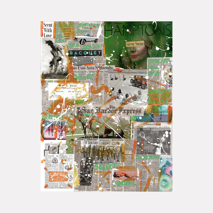 The artwork 'The Hamptoner #14' by Jean-Remi Barbier features a dynamic mixed media collage combining vintage newspaper clippings, urban elements, and graffiti-style overlays in green, orange, and black tones. Text fragments, photographs, and abstract paint strokes create a layered, street art aesthetic, depicting urban culture through a nostalgic lens.