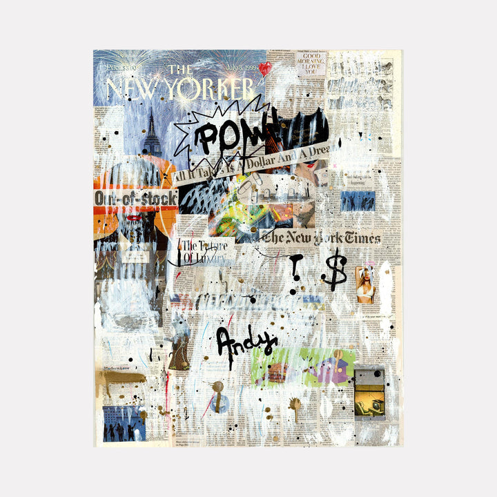 The artwork 'The New Yorker' by Jean-Remi Barbier features a mixed media collage combining newspaper clippings, urban graffiti elements, and text fragments. The composition showcases torn New York Times headlines, bold POW lettering, and street art aesthetics in shades of blue, grey, and white, with splashes of orange and green creating a dynamic contemporary urban aesthetic.