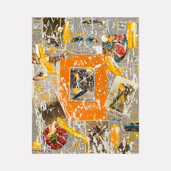 The artwork 'The Sunsetter' by Jean-Remi Barbier features a dynamic mixed media collage combining vintage newspaper clippings with vibrant orange and yellow splashes. The composition centers around an orange geometric frame with black and white photographs, accented by splattered paint effects and red floral elements, creating a striking urban contemporary aesthetic.