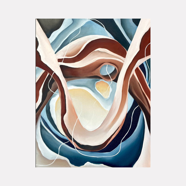 The artwork 'Tomorrow Bone' by Meam Hartshorn features abstract flowing curves in rich browns and deep blues, creating a dynamic composition with organic shapes. Soft peach and cream tones blend with sweeping navy waves, while delicate white lines intersect the curved forms. Oil on canvas, 18x24 inches, showcasing a modernist abstract style with fluid movement and layered colors.