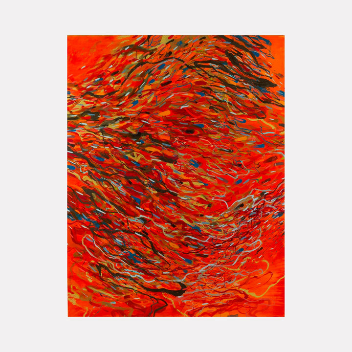 The artwork 'Traffic In Ideas' by Lisa Ingram features dynamic swirling patterns in vibrant orange and red tones, interspersed with streaks of blue and brown. The oil painting creates a fluid, motion-filled composition suggesting movement and energy across the 60x48 inch canvas, with organic flowing lines that appear to dance across the fiery background.