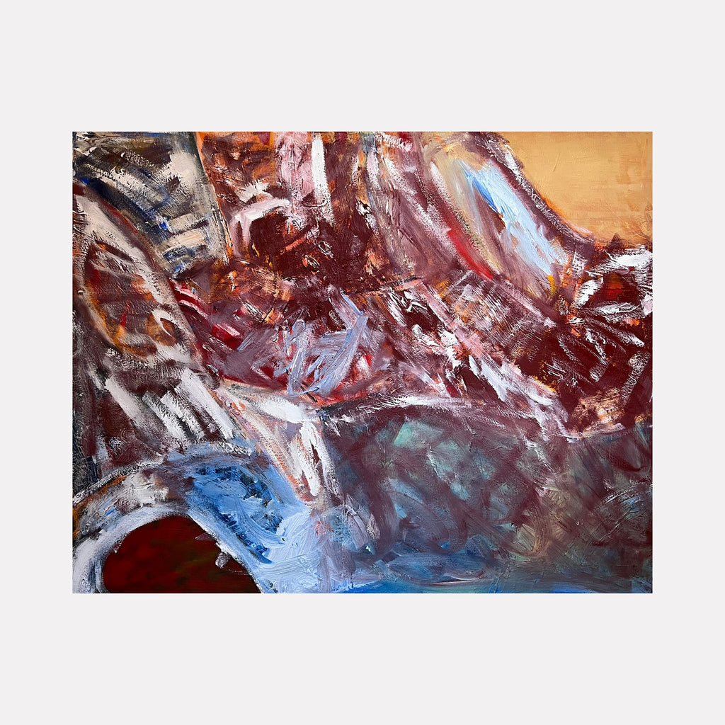 The artwork 'Transition' by Genevieve Antonello features dynamic brushstrokes in deep burgundy and ice blue tones, creating an abstract composition with dramatic movement. Bold textural elements emerge through expressive oil paint application, with warm amber highlights contrasting against cool slate undertones on canvas.