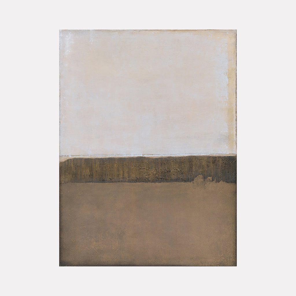 The artwork 'Vacation I' by Nicole Hitchcock features a minimalist abstract composition divided horizontally into two main sections. The upper portion displays a soft, cream-colored expanse, while the lower section shows warm brown tones separated by a textured dark bronze band. Created in acrylic, the piece evokes a serene landscape with earthen hues and subtle texture variations.