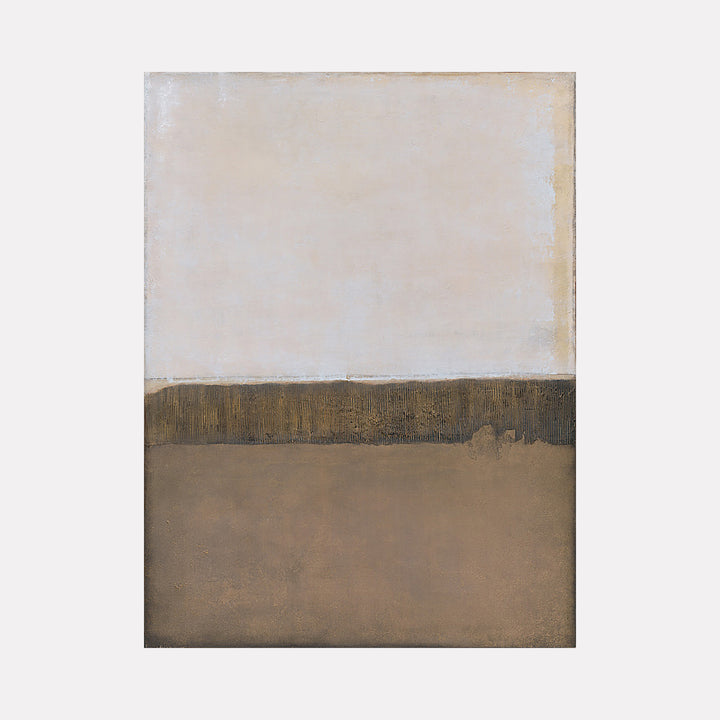 The artwork 'Vacation I' by Nicole Hitchcock features a minimalist abstract composition divided horizontally into two main sections. The upper portion displays a soft, cream-colored expanse, while the lower section shows warm brown tones separated by a textured dark bronze band. Created in acrylic, the piece evokes a serene landscape with earthen hues and subtle texture variations.