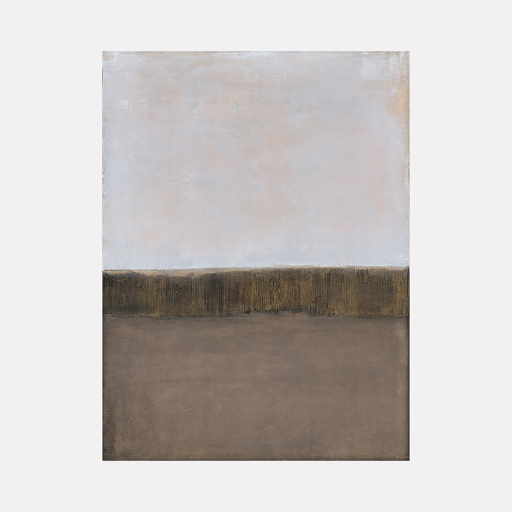 The artwork 'Vacation II' by Nicole Hitchcock features a minimalist abstract composition divided horizontally into two distinct sections. The upper half displays soft, misty gray tones with subtle peachy undertones, while the lower portion presents a rich earthy brown field with a textured horizontal band. Created in acrylic with a contemporary abstract expressionist style that evokes a serene coastal horizon.