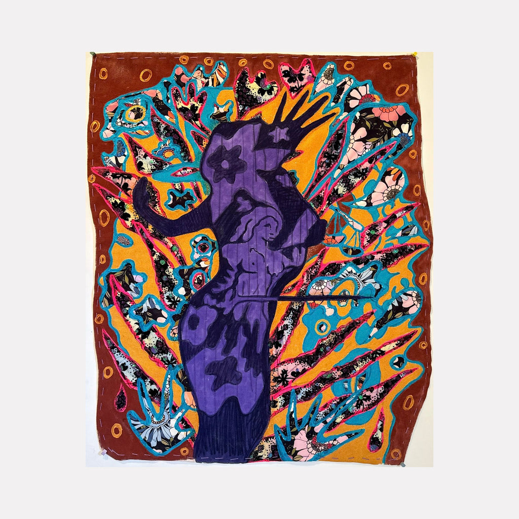 The artwork 'Warrior 2' by Laurie Shapiro features a striking purple silhouette of a figure against an energetic background of vibrant orange and turquoise radiating patterns. The composition combines fabric, paint, and sewing techniques, creating a dynamic mixed-media piece with circular motifs in brown borders. The figure appears powerful and commanding, surrounded by explosive bursts of color and texture.