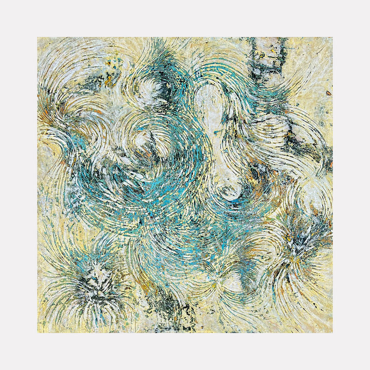 The artwork 'Water Finds Its Way' by Cynthia Sumner features swirling brushstrokes in turquoise and cream creating a dynamic water-like pattern. Abstract textural elements in mixed media showcase fluid movement with organic spiral formations against a light background, suggesting natural flow and aquatic motion in a 24x24 inch composition.