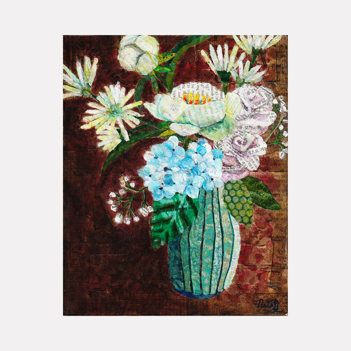 White Flower Bouquet by Natasha Papousek: A vibrant paper collage depicting white daisies, lilies, and blue hydrangeas arranged in a striped turquoise vase against a rich brown background. Layered painted paper creates textural depth, with delicate green foliage complementing the floral composition on wooden panel.