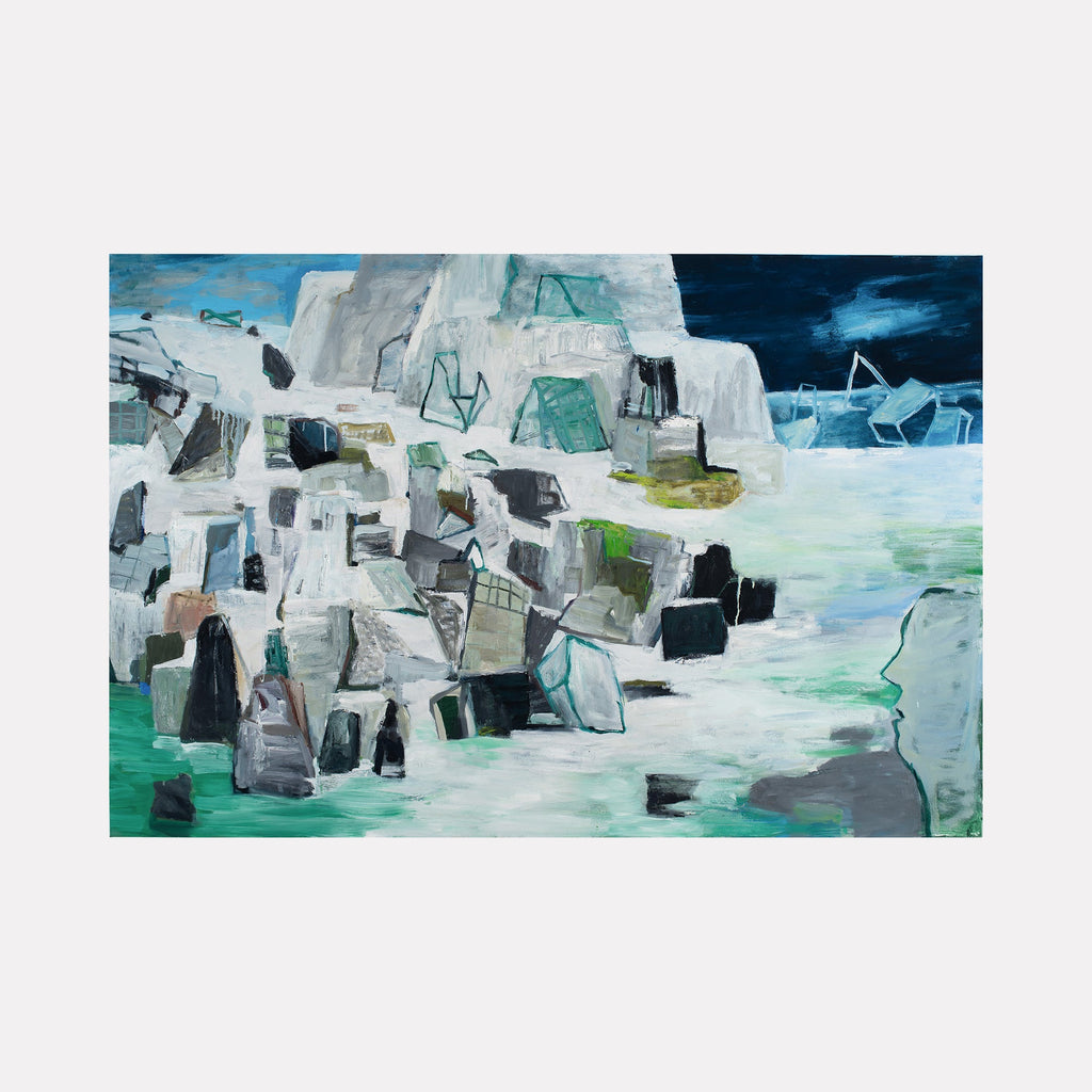 The artwork 'Witness Redux (white)' by Marianne Barcellona features an abstract landscape of geometric forms in white, gray, and turquoise. Angular shapes suggest a rocky coastline against a deep blue-green sea, with bold brushstrokes creating textural contrasts in this large-scale oil painting. Scattered touches of pale green and black add depth to the predominantly white composition.