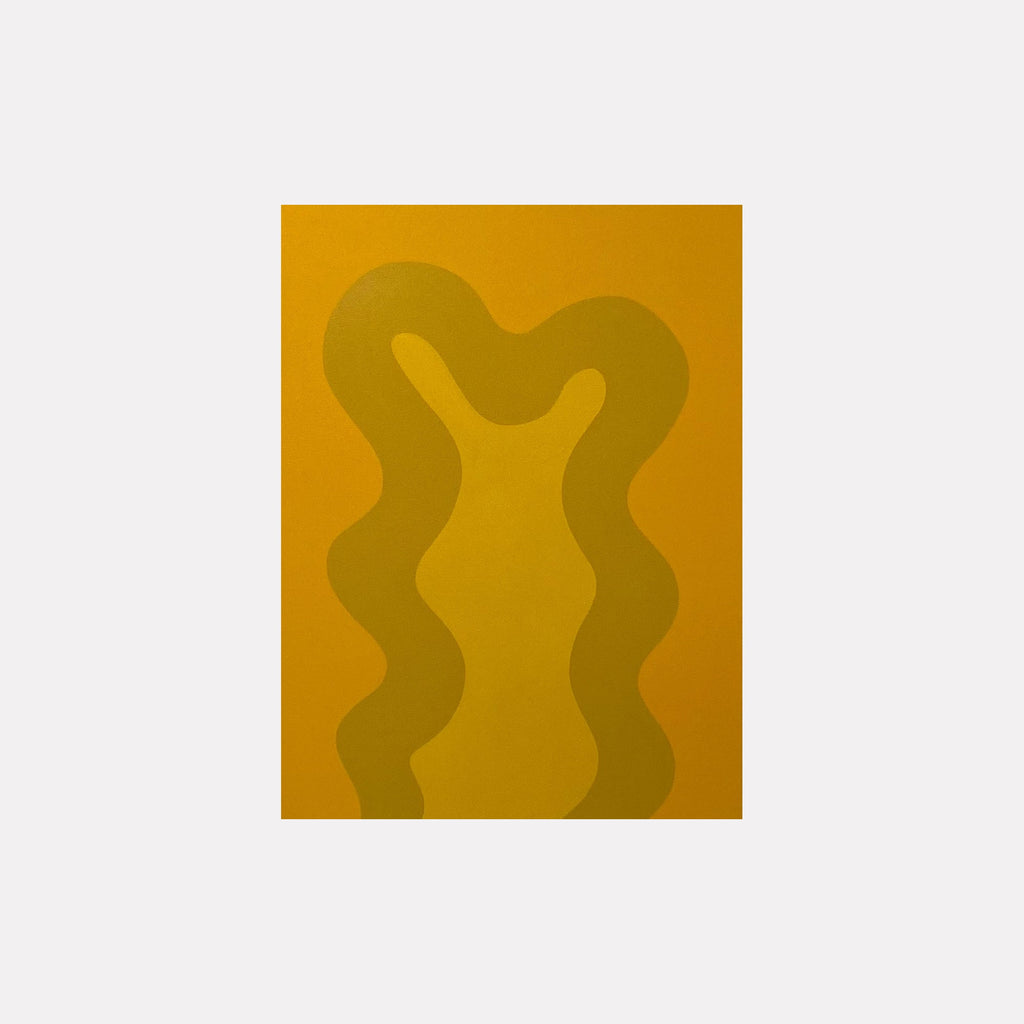 The artwork 'YELLOW' by Shadia Sabagh features abstract wavy forms in varying shades of golden yellow on canvas. The composition showcases two sinuous curves creating a symmetric pattern against a warm ochre background, painted in acrylic with a minimalist approach. 18x24 inches acrylic painting by Shadia Sabagh.