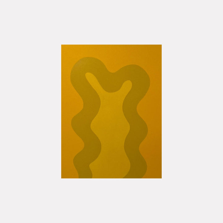 The artwork 'YELLOW' by Shadia Sabagh features abstract wavy forms in varying shades of golden yellow on canvas. The composition showcases two sinuous curves creating a symmetric pattern against a warm ochre background, painted in acrylic with a minimalist approach. 18x24 inches acrylic painting by Shadia Sabagh.