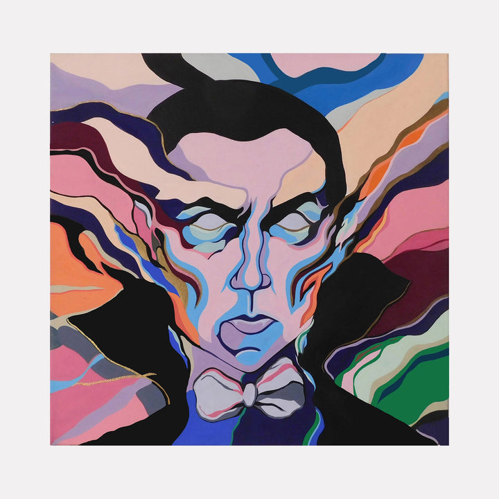 The artwork 'Dracula' by Ellannah Sadkin features a stylized portrait rendered in vibrant swirling colors. Abstract flowing lines in black, blue, pink, and purple create a dramatic face with piercing eyes and prominent features, wearing a bow tie. The psychedelic interpretation merges pop art and expressionist styles in acrylic on 16x16 inch canvas.