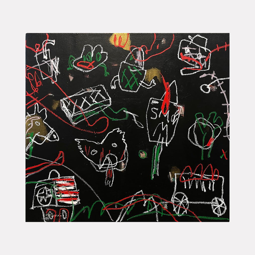 The artwork 'Lolly Land' by Andrew Chan features whimsical chalk-like drawings on a black canvas, depicting playful abstract figures, vehicles, and floral elements in white, red, and green strokes. The composition showcases a childlike, spontaneous style with loose, energetic line work creating a dynamic, imaginative playground of shapes and symbols on a 24x24 inch acrylic canvas.