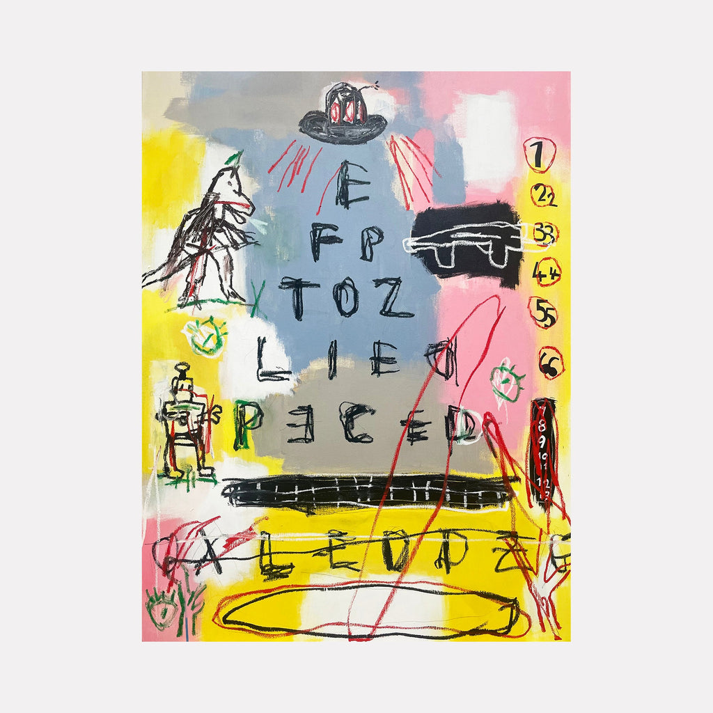 The artwork 'Peripheral Vision' by Andrew Chan features a neo-expressionist composition with an eye chart motif, rendered in vibrant yellows, pinks, and blues. Loose, graffiti-style black letters cascade down a pastel background, accompanied by spontaneous sketches and abstract figures. The 40x30 inch acrylic painting combines street art aesthetics with medical imagery.