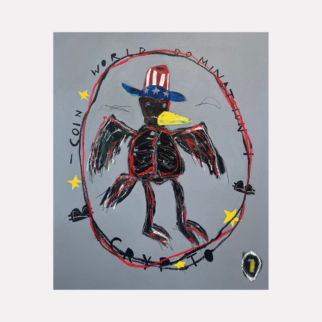 The artwork 'Counting Crow' by Andrew Chan features a primitive-style black crow figure with red outlines, wearing a patriotic blue and striped hat. The bird is encircled by text and yellow stars against a gray background, rendered in expressive acrylic brushstrokes on canvas. The composition combines folk art and street art aesthetics in a 24x20 inch format by Andrew Chan.