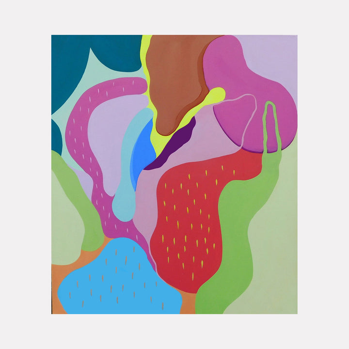 The artwork 'Salad Days' by Ellannah Sadkin features vibrant abstract organic shapes in playful colors including teal, pink, red, blue, and lime green. Dynamic flowing forms create a rhythmic composition with delicate textural details painted in acrylic on canvas, showcasing a contemporary biomorphic style.