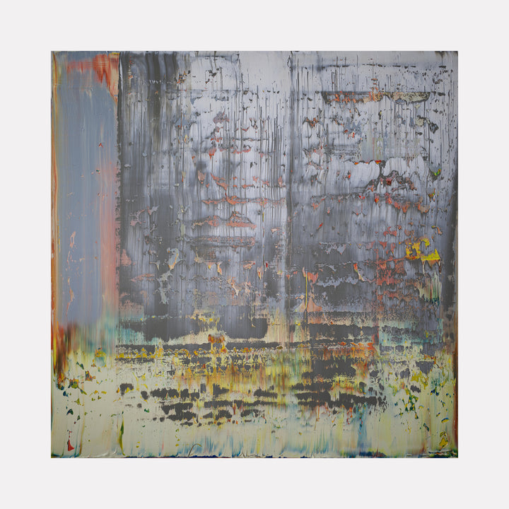 The artwork 'Abstract Horizon' features a textured composition of layered gray, yellow, and coral hues creating a weathered, industrial aesthetic. Vertical drips and scratches evoke rainfall against an urban landscape, while soft yellow undertones suggest a distant glow. Oil on canvas, 48x48 inches. By Harry Moody.