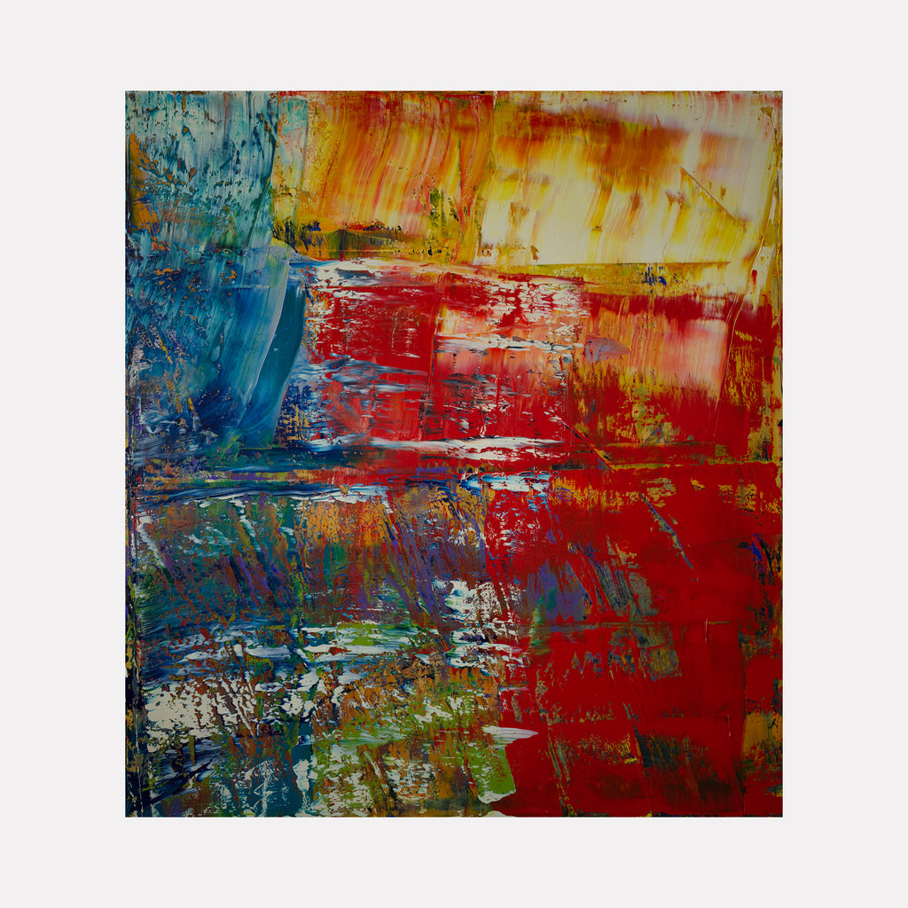 The artwork 'Abstract Melodies' features dynamic brushstrokes in vibrant red, turquoise blue, and golden yellow hues, creating a passionate interplay of colors. Bold textural elements and gestural marks suggest movement and rhythm across the canvas, while impasto technique adds dimensional depth. This expressive abstract composition by Harry Moody measures 68x74 inches.