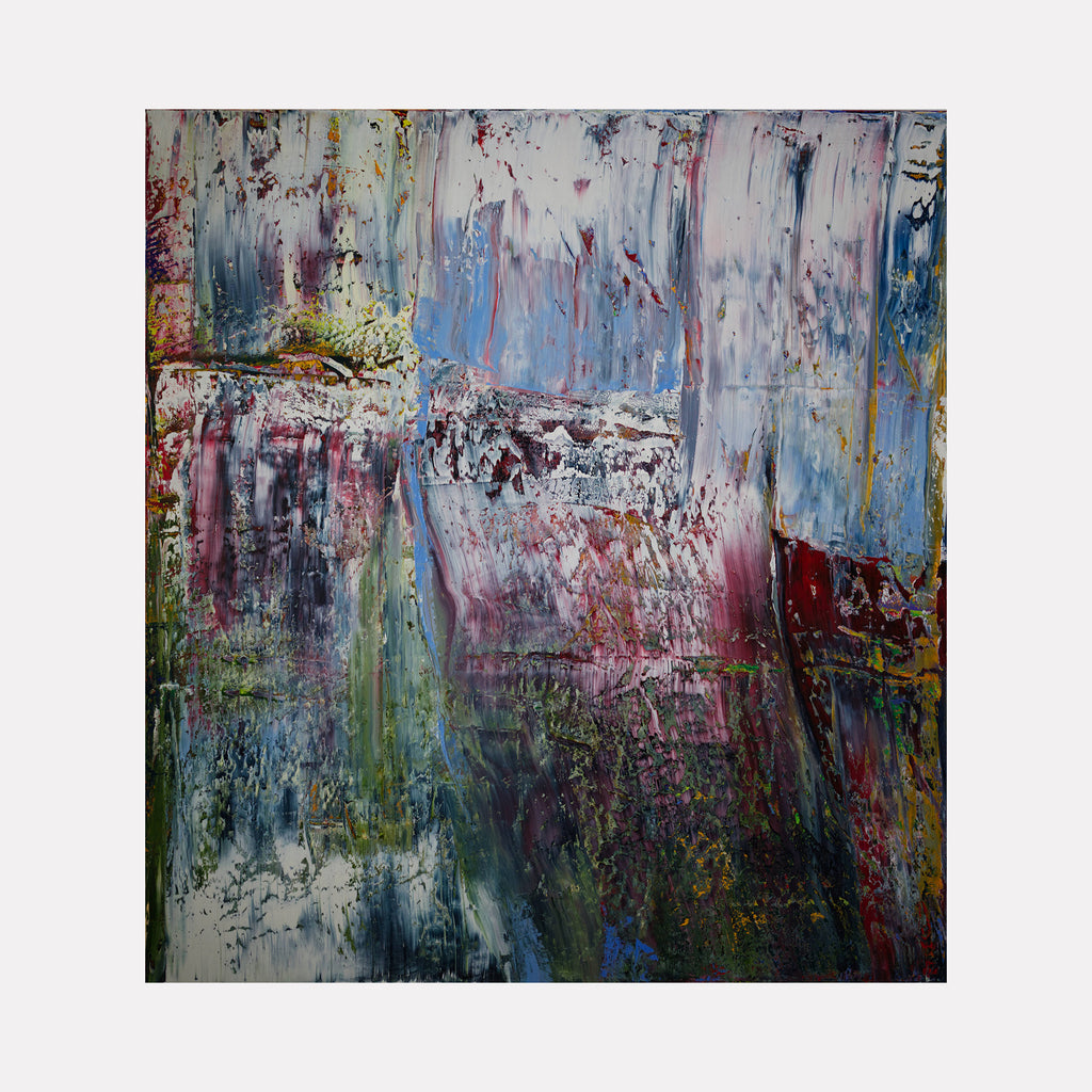 The artwork 'Abstract Memories 1' by Harry Moody features a textured oil painting with cascading layers of blues, purples, and whites. Dynamic vertical brushstrokes create a waterfall-like effect, while patches of red and green add depth. The heavily textured surface suggests an emotional, expressionist approach to abstract art, measuring 68x74 inches on canvas by Harry Moody.