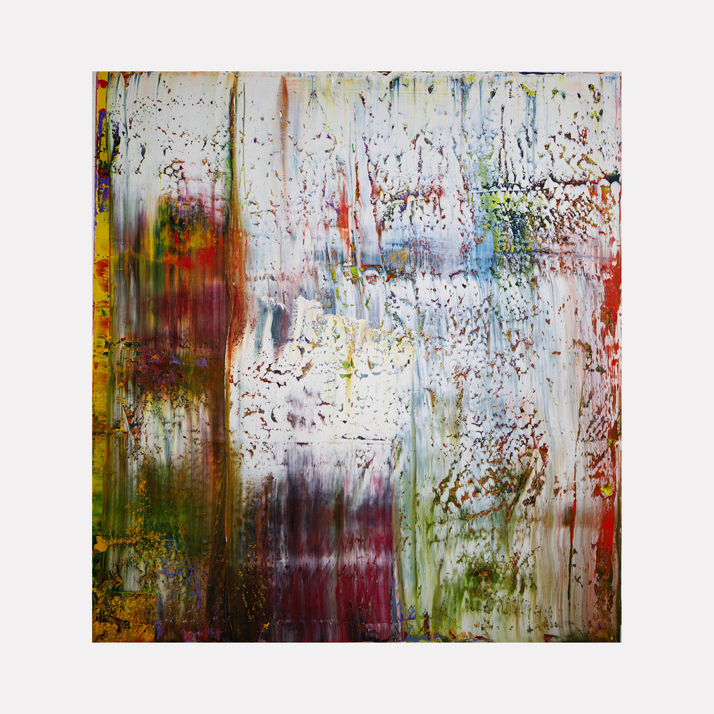 The artwork 'Abstract Memories 2' by Harry Moody features dynamic vertical brushstrokes with vibrant splashes of burgundy, yellow, and forest green against a textured white background. Multi-layered oil paint creates a weathered, distressed effect with dripping patterns and organic textures, evoking a sense of faded memories and passing time. By Harry Moody.