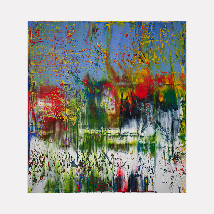 The artwork 'Abstract Non Landscape 2' features vibrant drip-style painting with dynamic vertical streaks of blue, red, yellow, and green. The composition shows dramatic color contrasts with white spaces beneath, creating an energetic abstract expression. Bold brushstrokes and paint splatters create texture and movement across the 84-inch square canvas. By Harry Moody.