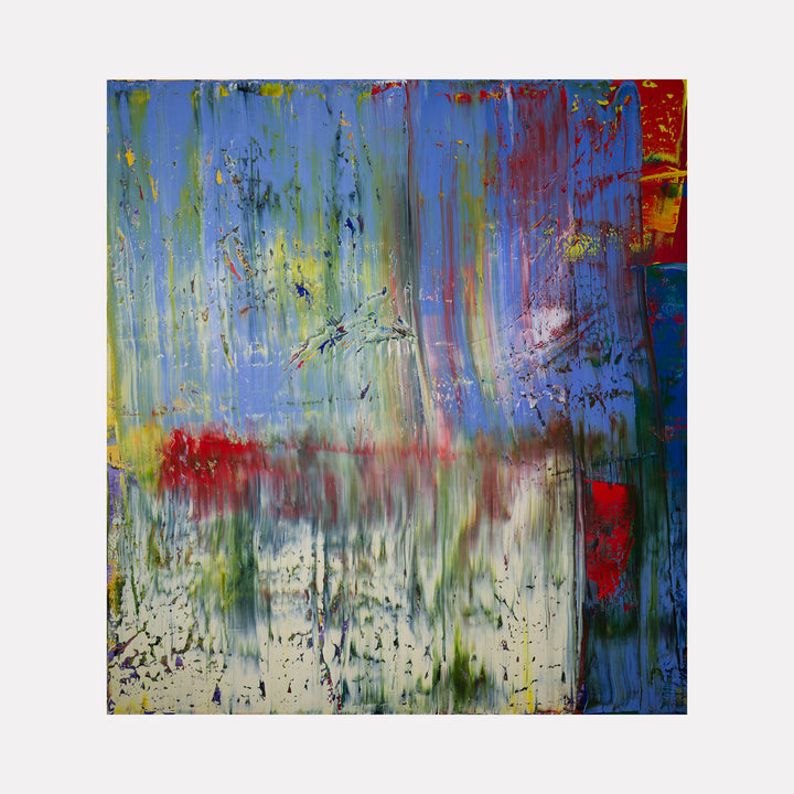 The artwork 'Abstract Non Landscape 1' features vibrant vertical drips of paint in blue, red, yellow, and green tones creating a dynamic waterfall effect. The oil painting showcases an expressionist style with textural elements, splatter techniques, and overlapping color fields that blend and contrast across the large-scale canvas. By Harry Moody.