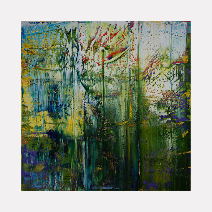 The artwork 'Abstract Over Painted' by Harry Moody features dynamic vertical brushstrokes in rich forest greens and deep teals, accented with splashes of vibrant yellow and coral red. The large-scale oil painting showcases a dramatic dripping technique, creating a layered, textural effect reminiscent of a rain-soaked woodland. Bold impasto strokes and abstract expressionist style create depth and movement across the 72-inch square canvas by Harry