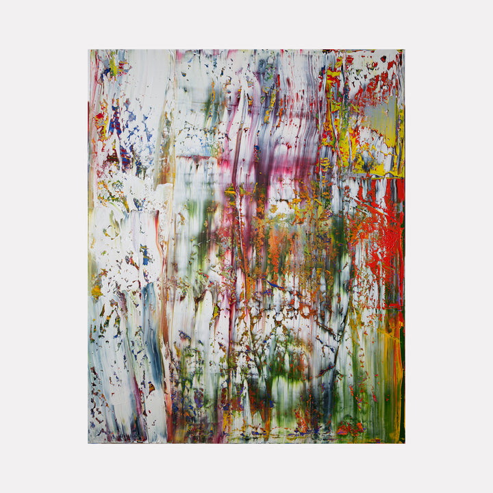 The artwork 'Abstract Seasons 1' by Harry Moody features vibrant dripping paint strokes in multiple colors including red, yellow, green, and blue, creating a dynamic vertical movement across the canvas. The oil painting's texture suggests rainfall and seasonal changes through abstract expressionist techniques, with layered paint creating depth and atmospheric effects on the 60x48 inch canvas.